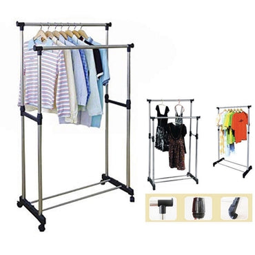 Adjustable Double Pole Clothes Rack, Telescopic Garment Hanger Stand with Wheels