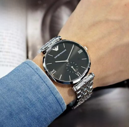 Emporio Armani Retro Black Dial Silver Steel Strap Watch for Women