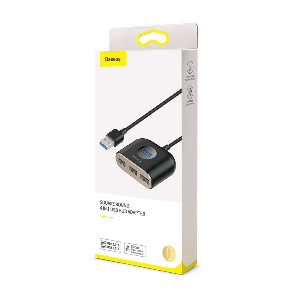 100% Genuine BASEUS Square Round 4 in 1 USB Hub Adapter (USB3.0 to USB3.0*1+USB2.0*3) 1m Cable - Black