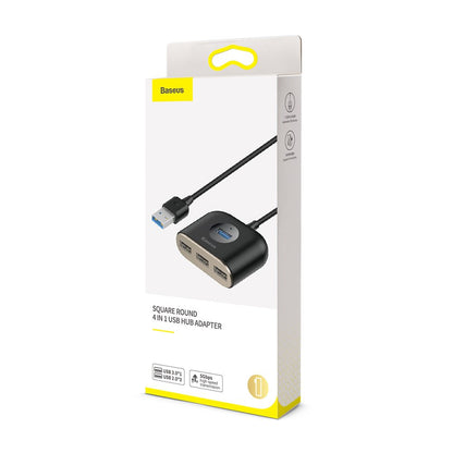 100% Genuine BASEUS Square Round 4 in 1 USB Hub Adapter (USB3.0 to USB3.0*1+USB2.0*3) 1m Cable - Black