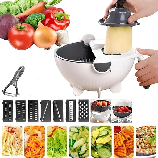 Multi-Functional 9 in 1 Magic Rotate Vegetable Cutter with Drain Basket â€“ Manual Kitchen Veggie