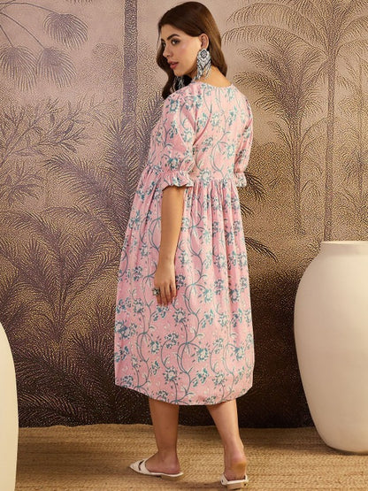 Printed Pure Cotton V-Neck Fit & Flare Maxi Dresses
