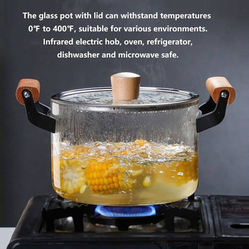 Heat-Resistant Glass Stovetop Pot, Glass Cookware with Wooden Handle 400â„‰