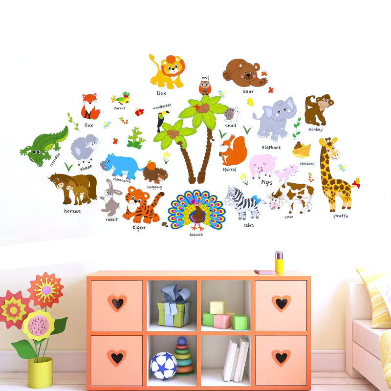 Animal with Names Tree Cartoon Animals Theme Kids Wall Art Decal Sticker Decoration for Living Room Nursery Baby Girl Boy Kid Children's Room Bedroom Decoration