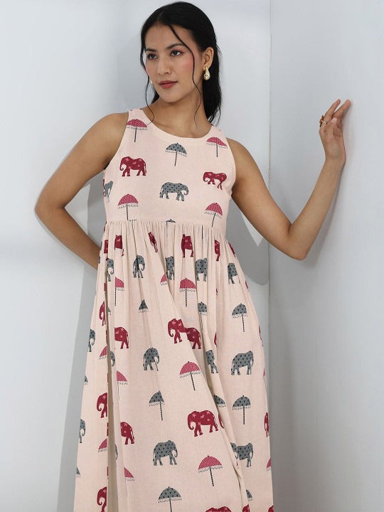 Off White Elephant Printed a-Line Cotton One-Piece Dress