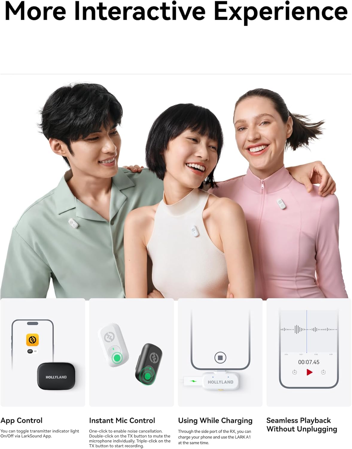 Hollyland LARK A1 DUO Type-C Version Wireless Microphone for iPhone 15/16 & Android, Pure Sound, 3-Level Intelligent Noise Cancellation, Magnetic Mini Microphone for Vlogging, YouTube, Podcast, TikTok