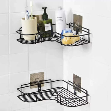 Wall-Mounted Triangle Storage Shelf with Peg Hooks | Waterproof Non-Slip Bathroom Organizer
