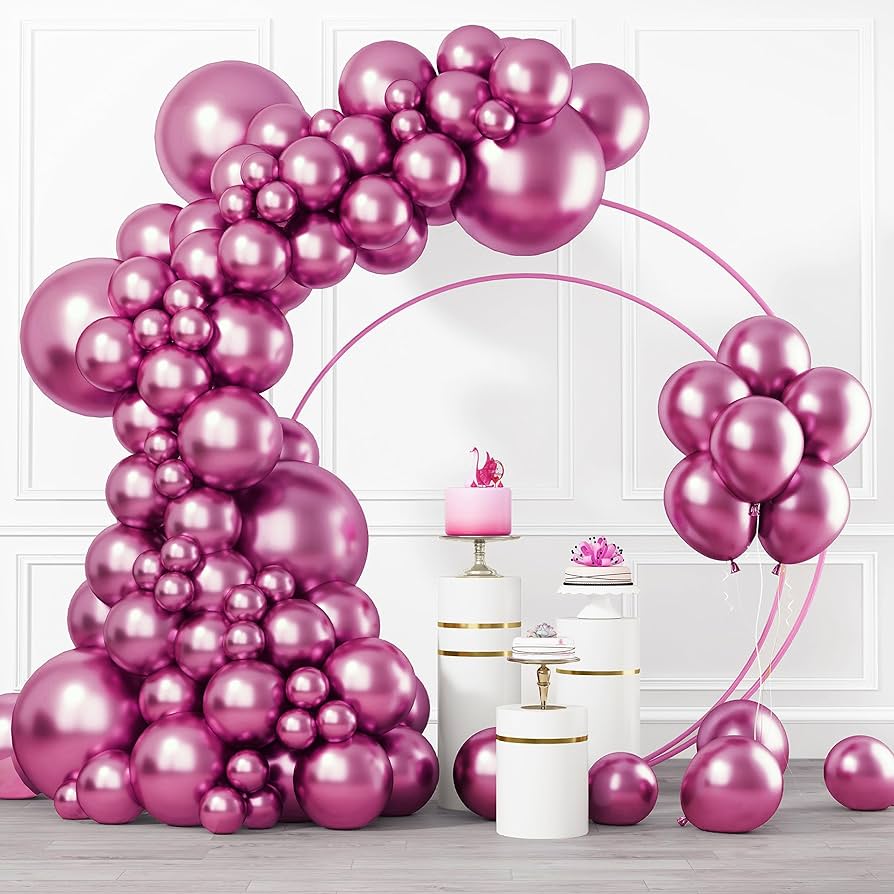 Complete Set 50pcs 10inch Metallic Latex Balloons Chrome Balloon Wedding Decorations Birthday Party Supplies Baloon arch MAGENTA THEME COLOR + FREE GLUE DOTS + FREE GARLAND SETUP CHAIN