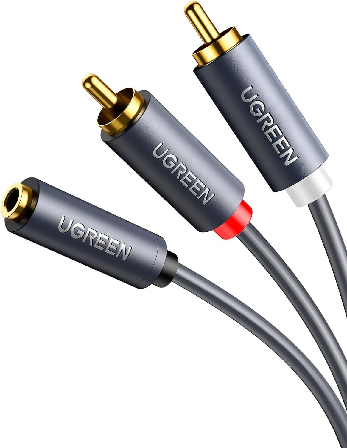 UGREEN AV102, 3.5mm Female To 2 RCA Male AUX Hi-Fi Audio Cable, Gold-Plated Connectors, For Audio Devices, 1 M Length, 24K Go