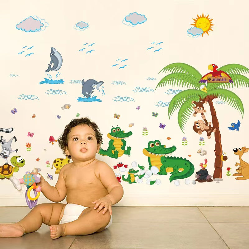Crock Tree Cartoon Animals Theme Kids Wall Art Decal Sticker Decoration for Living Room Nursery Baby Girl Boy Kid Children's Room Bedroom Decoration