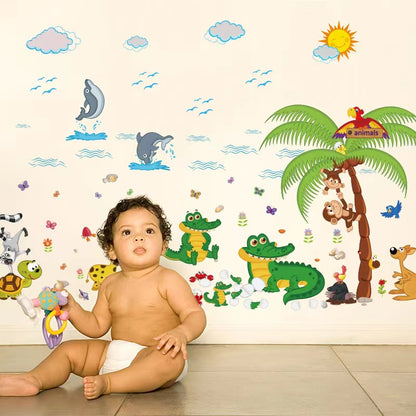 Crock Tree Cartoon Animals Theme Kids Wall Art Decal Sticker Decoration for Living Room Nursery Baby Girl Boy Kid Children's Room Bedroom Decoration