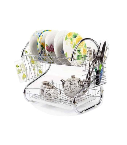 ISPECLE 2-Tier Dish Drying Rack with Utensil & Cutting Board Holder – Silver