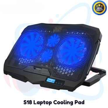 S18 Laptop Cooling Pad 12–16 Inch with 4 Fans, Adjustable Notebook Cooler Stand with Blue LED Light