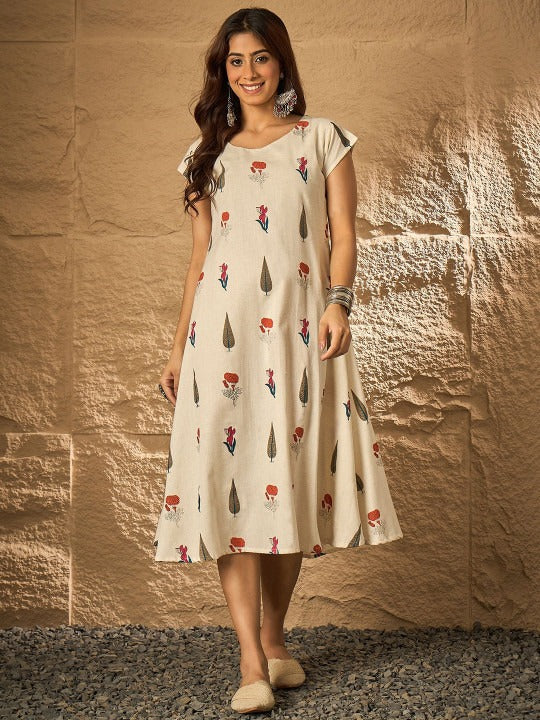 Women Tropical Printed Midi Cotton a-Line Dress