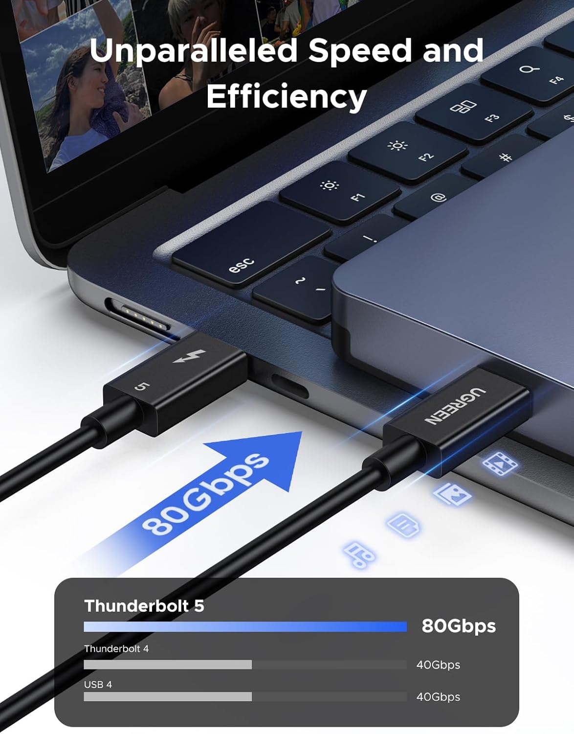 UGREEN 45996 240W 80Gbps Thunderbolt 5 Cable with 120Gbps Bandwidth Boost, Intel Certified USB C Cable, 16K/8K@60Hz Compatible with Thunderbolt 4, USB4, iPhone 17 Pro Max, MacBook Pro, Dell XPS, Hub, 1M
