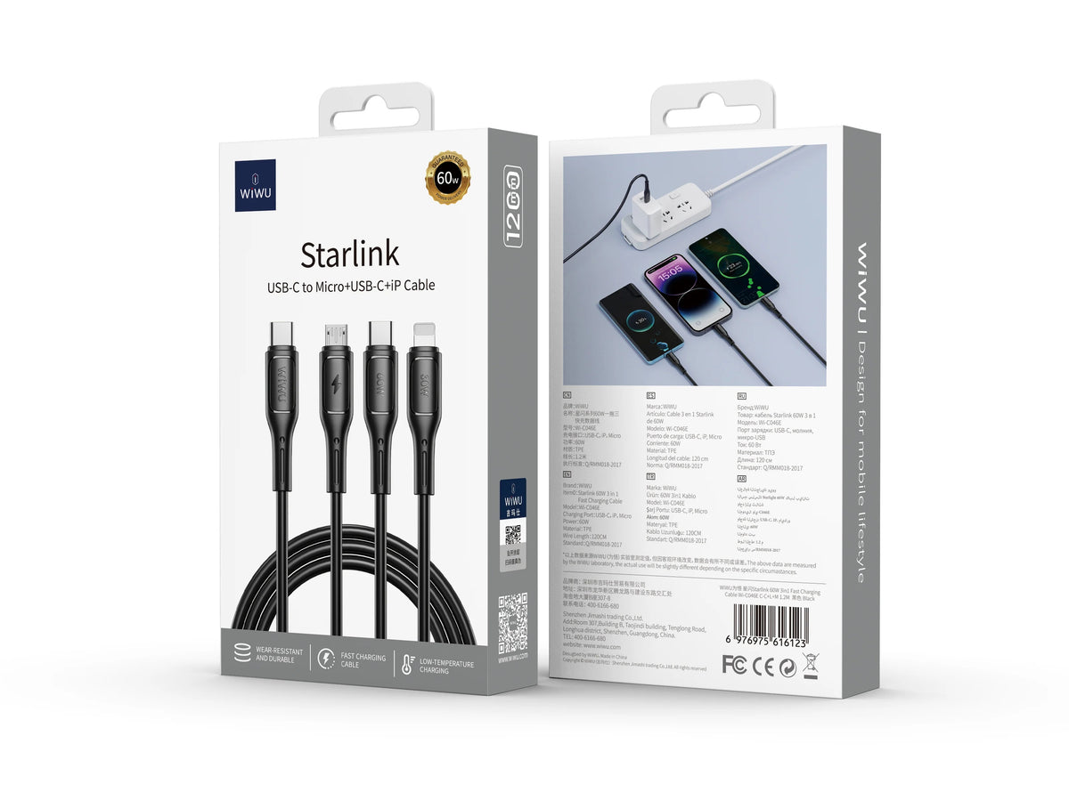 WiWU StarLink Wi-C046E Cable 3-in-1 60W Fast Charging Type-C + Lightning + Micro USB Cable