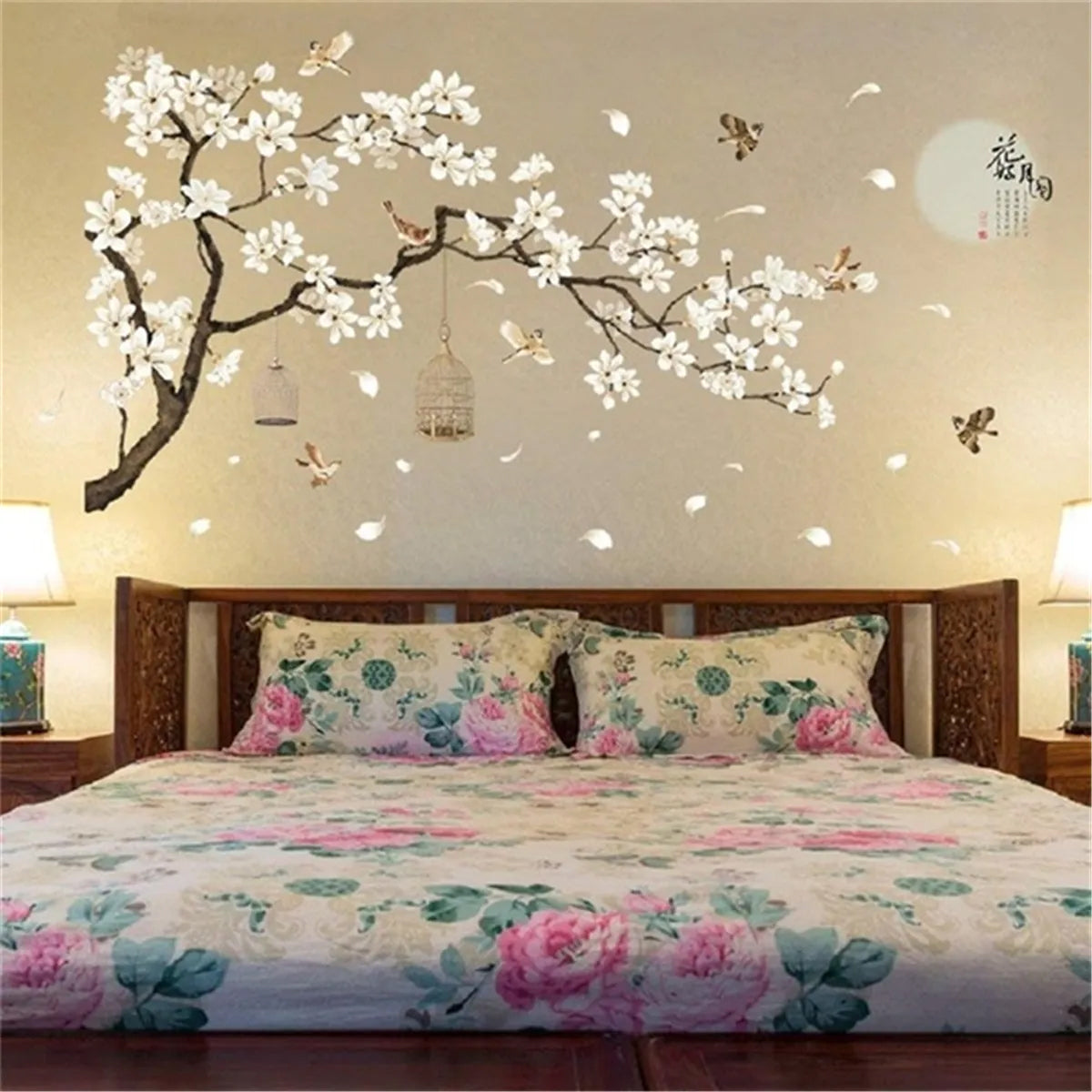 White Cherry Blossom Tree Lotus Flower Butterfly Fairy Girl Flower Border Wall Decoration Sticker TV Frame Sticker Kitchen Living Room Decoration Star Room Deco Wall Stickers Stars Tree Wedding Nursery Decorative