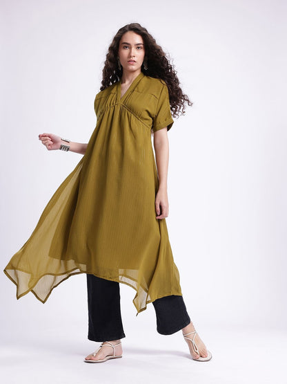 Striped V-Neck Extended Sleeves Gathers a-Line Midi Dress