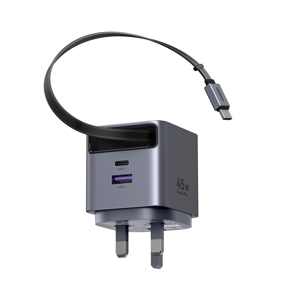 UGREEN 45W Nexode Pro GaN (USB-A*1 + Type-C*1) Fast Charger with Retractable Cable – X614 – 65823