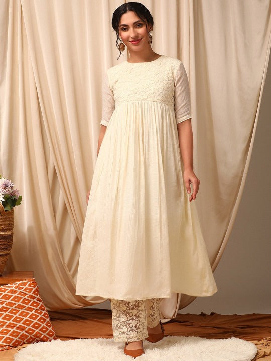 Floral Embroidered Pleated Anarkali Kurta with Trousers
