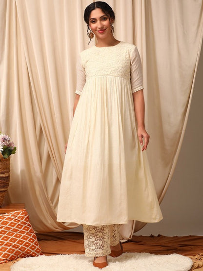 Floral Embroidered Pleated Anarkali Kurta with Trousers