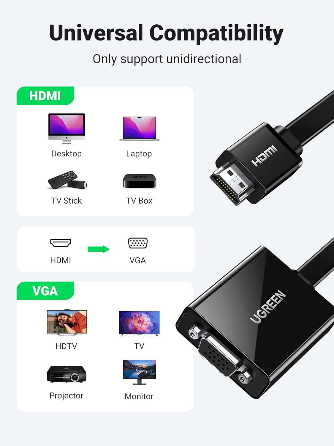 UGREEN Active HDMI to VGA Adapter with 3.5mm Audio Jack HDMI Male to VGA Female up to 1080P for PC Laptop Ultrabook