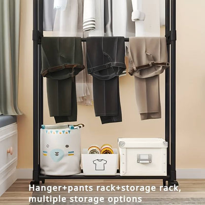 New Low Price Double Pole Telescopic Clothes Hanger, Garment Drying Rack with Rolling Wheels Steel