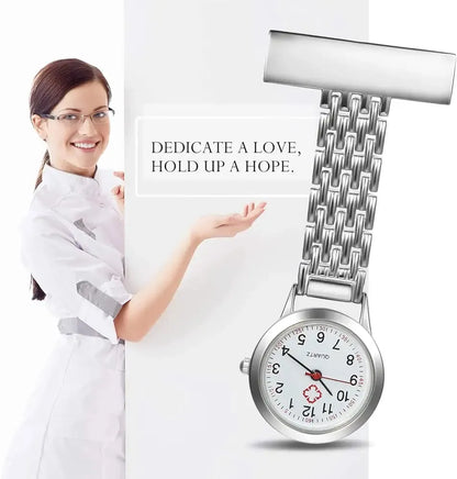 Stainless Steel Nurse Pocket Watch - Arabic Numerals Quartz Brooch Fob Watch