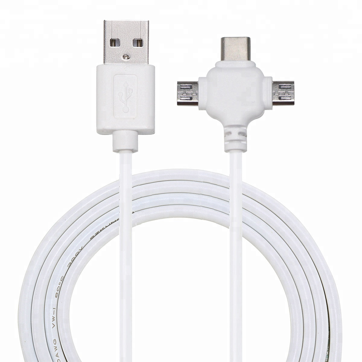 High Quality Fast Charging 3 in 1 Charger Cable For IOS Micro USB & Type C - White