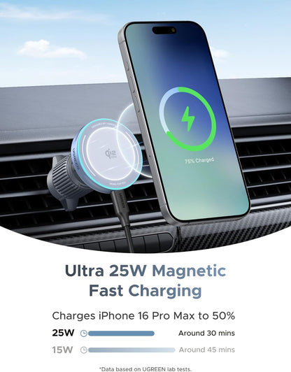 UGREEN 25W MagFlow Wireless Car Charger, MagSafe Qi2 Certified Fast Charging Cradle Mount for iPhone 17/16/15/14/13/12 Series, Air Vent Clip Secure Holder with USB-C Cable - 55967