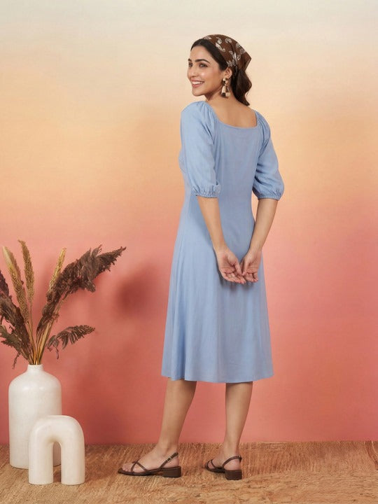 Puff Sleeve a-Line Midi Dress