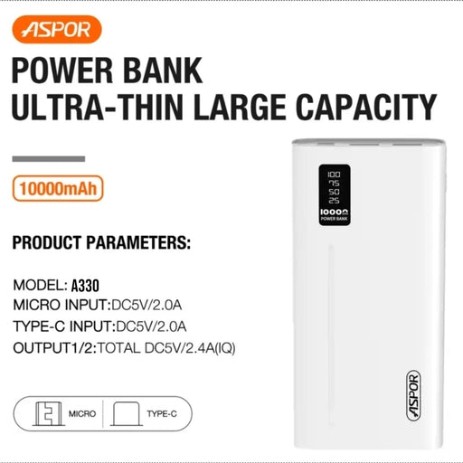 Aspor a330 Power Bank 10000MAh 2 Outputs No Warranty