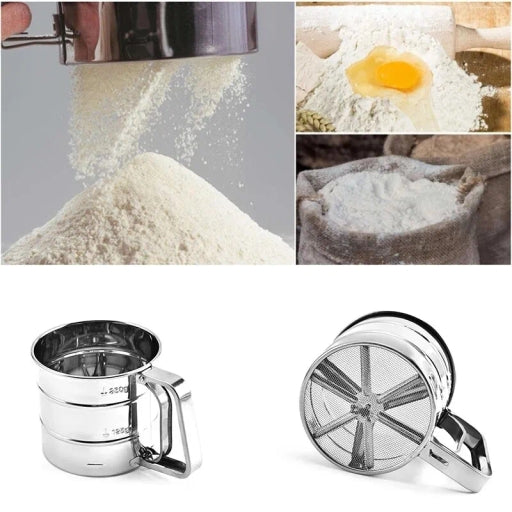 Baking Stainless Steel Shaker Sieve Cup Manual Flour Sifter with Measuring Scale Mark for Flour