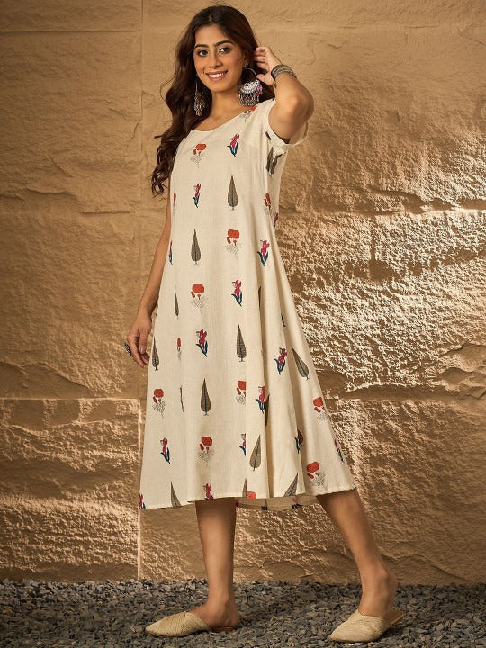 Women Tropical Printed Midi Cotton a-Line Dress
