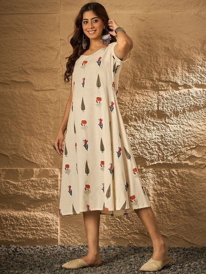 Women Tropical Printed Midi Cotton a-Line Dress