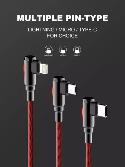 LDNIO Gaming 90°Angle Elbow Nylon Braided Data Cable – 1 Meter 2.4A (IP /Micro /Type C)