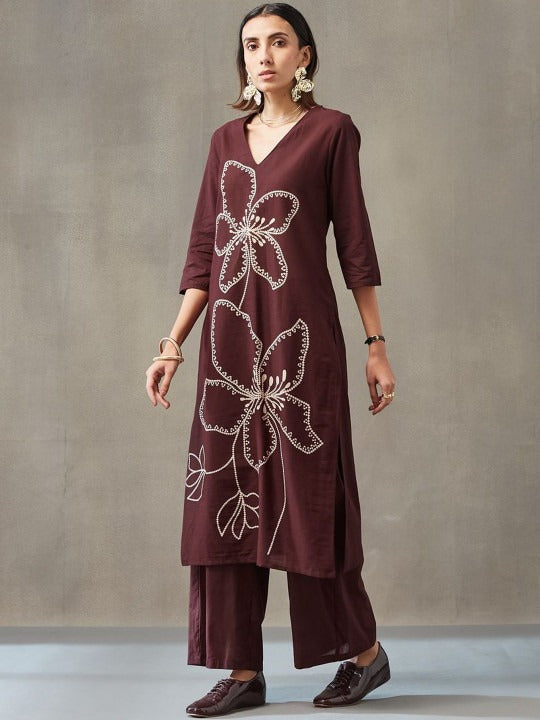 Floral Embroidered Regular Thread Work Pure Cotton Work Set Kurta with Palazzos