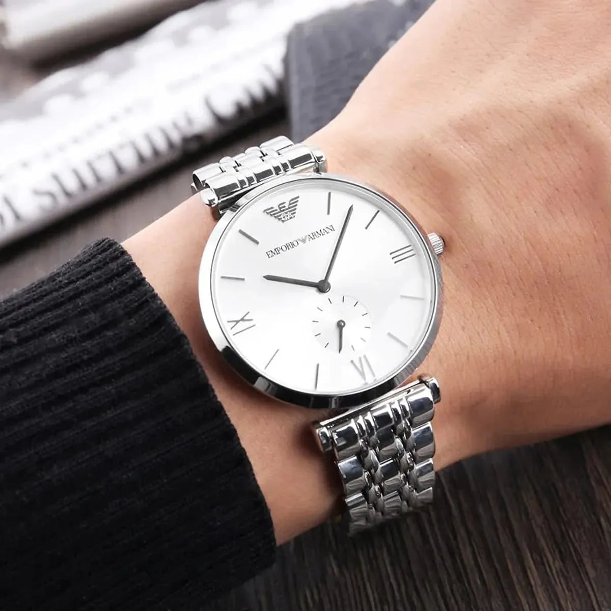Emporio Armani Retro Black Dial Silver Steel Strap Watch for Women