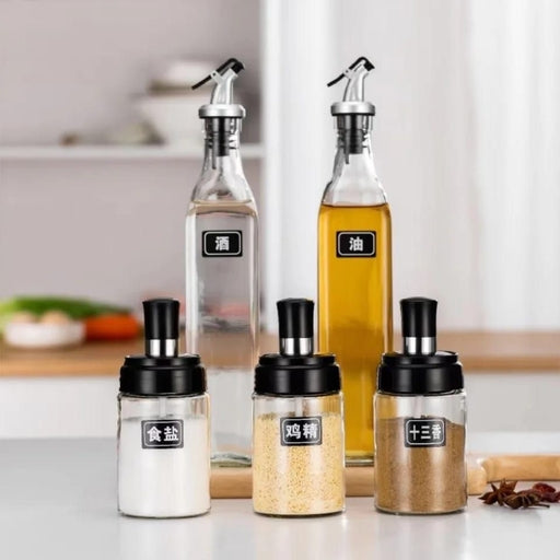 5Pc Set Glass Oil Bottle and Seasoning Bottle with Lid Kitchen Gadgets
