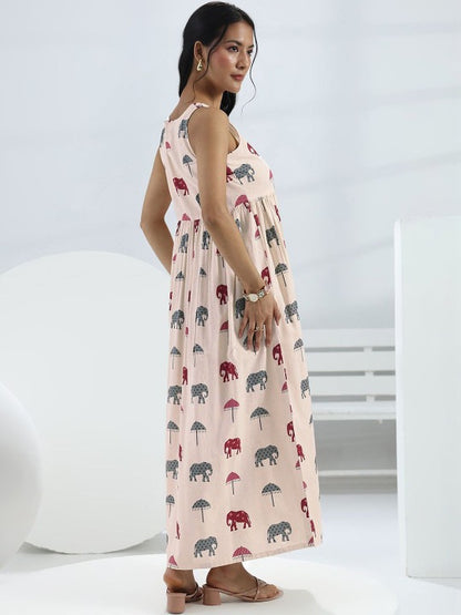 Off White Elephant Printed a-Line Cotton One-Piece Dress