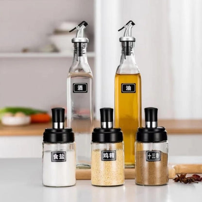 5Pc Set Glass Oil Bottle and Seasoning Bottle with Lid Kitchen Gadgets