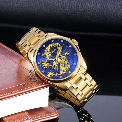 Men's Cool Stainless Steel Analog Quartz Watches Gold Dragon Fashion Casual Calendar Wrist Watch