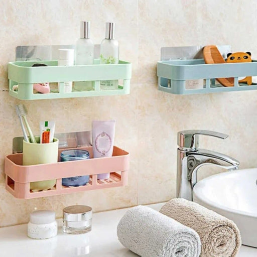Plastic Wall-Mounted Rectangle Shelf with Suction Cups for Bathroom & Kitchen Storage