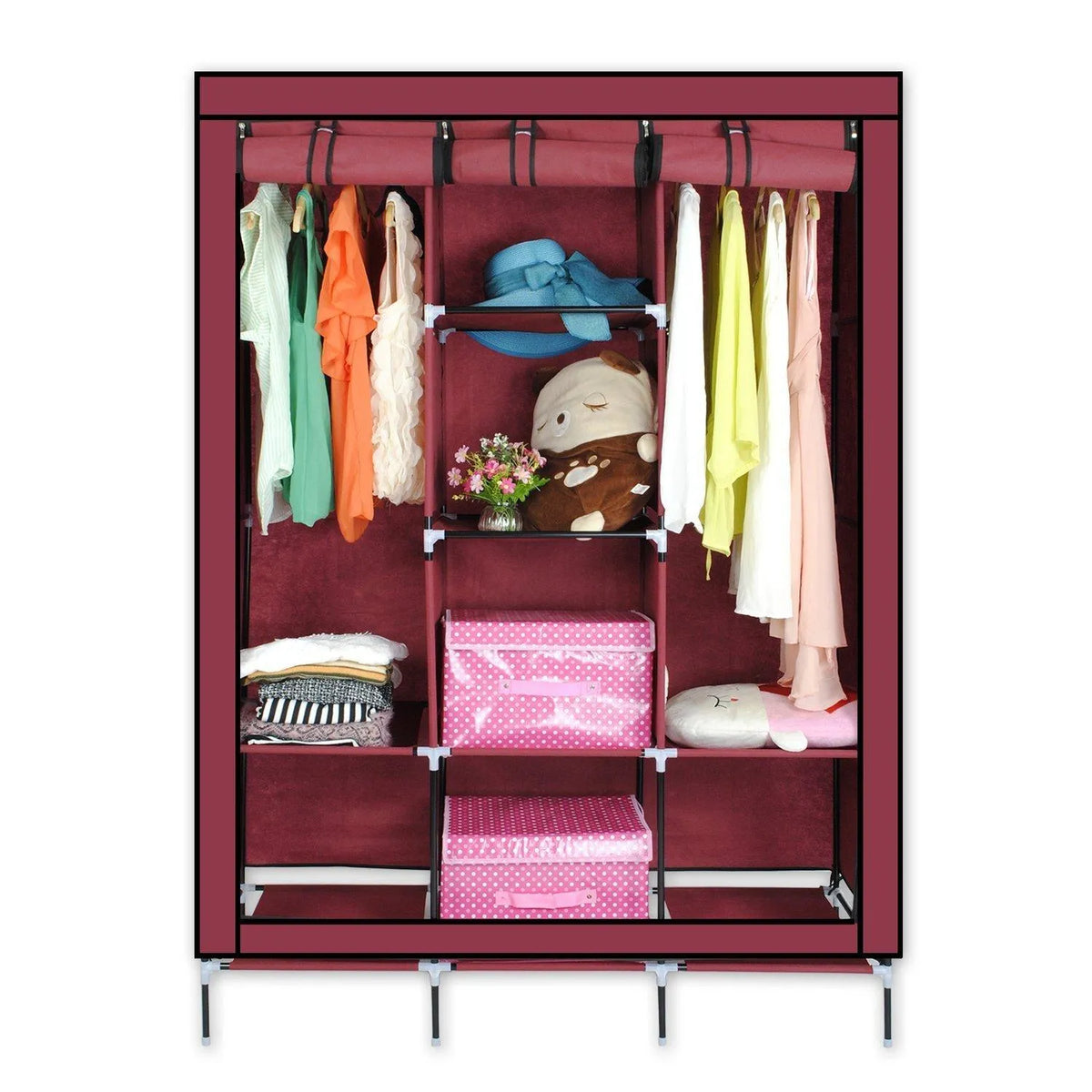 Portable 3-Door Collapsible Fabric Clothes Rack: Movable Zip-up Wardrobe Storage Organiser