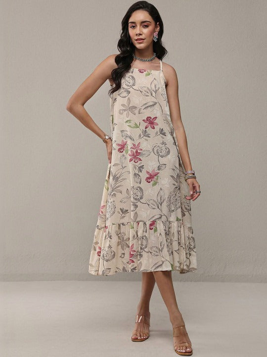 Cream-Coloured Floral Print a-Line Dresses
