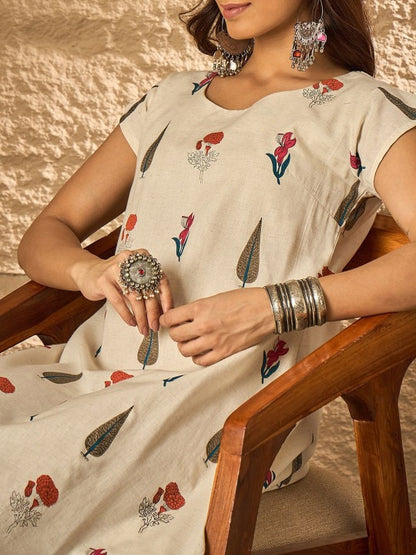 Women Tropical Printed Midi Cotton a-Line Dress