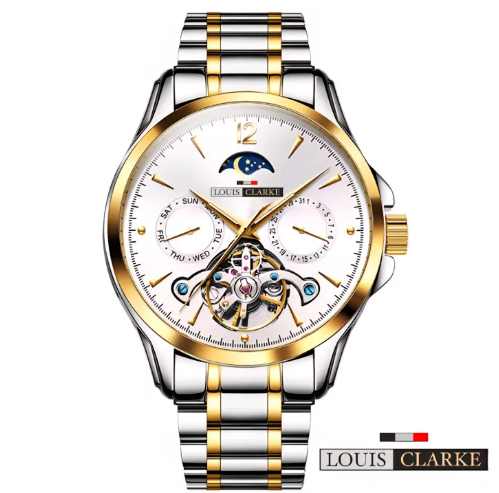 LOUIS CLARKE Fashion Brand Gold Steel Tourbillon Watch Men Sports Business Moon Phase Quartz Watches