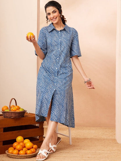 Blue Pure Cotton Striped Printed a-Line Dress
