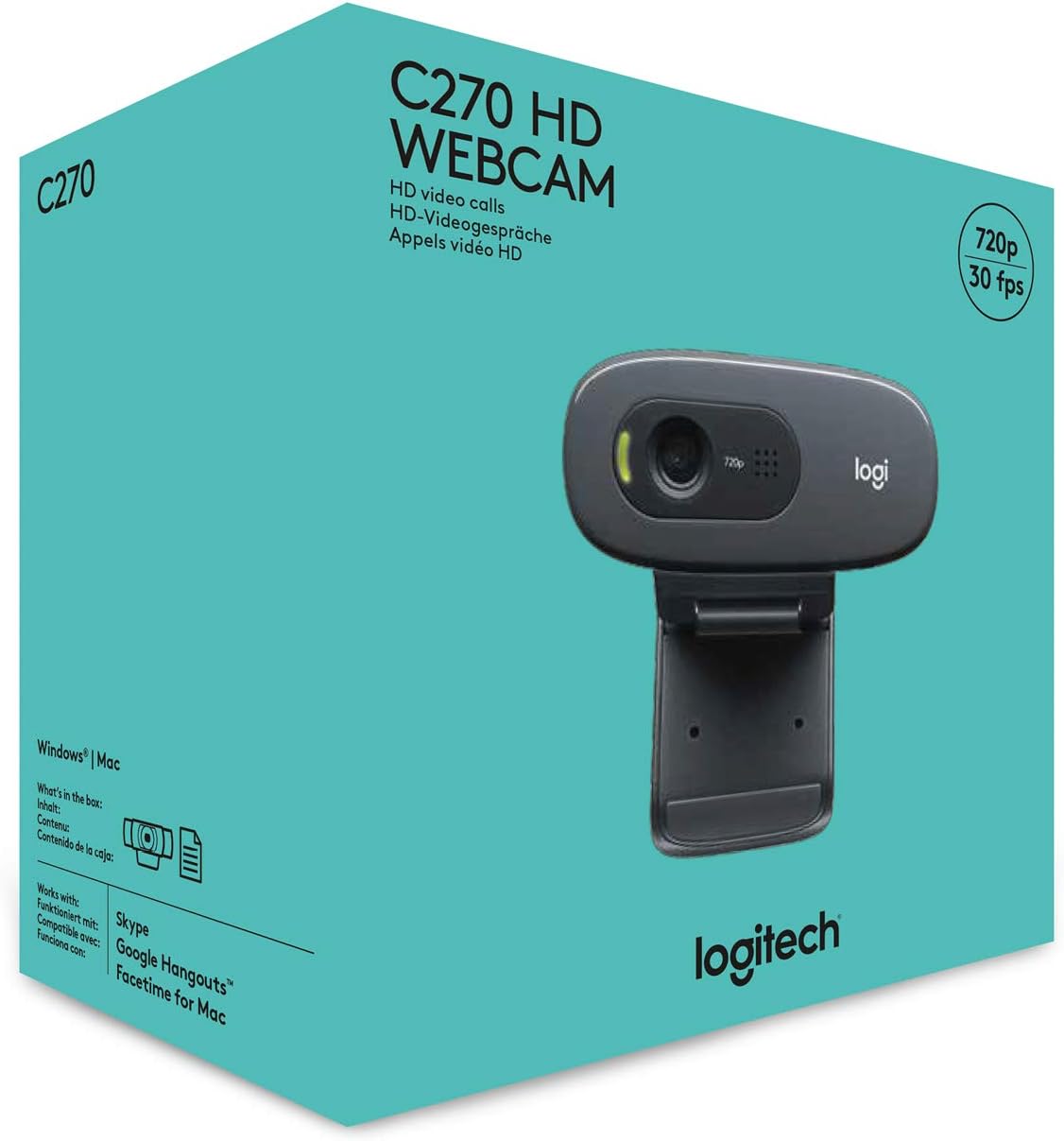 Logitech C270 HD Webcam, 720p, Widescreen HD Video Calling,Light Correction, Noise-Reducing Mic, For Skype, FaceTime, Hangouts, WebEx, PC/Mac/Laptop/Macbook