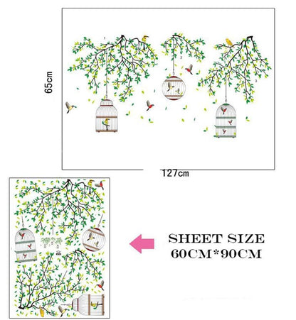 Three Cages Green Leaf with bird Flower Border Wall Decoration Sticker TV Frame Sticker Kitchen Living Room Decoration Star Room Deco wall stickers Stars Tree Wedding nursery decorative